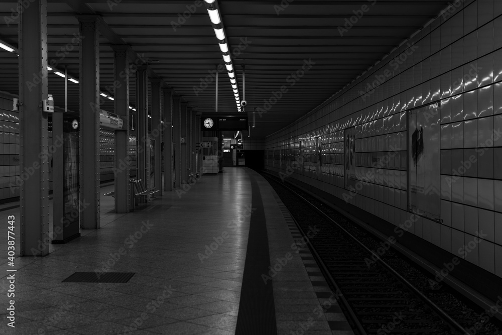 Underground Station in Berlin, Empty platform of a subway station in Berlin, black and white photo