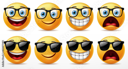 Smiling faces emoticon character set, Facial expressions of cute yellow faces wearing sunglasses. 3D realistic vector illustration