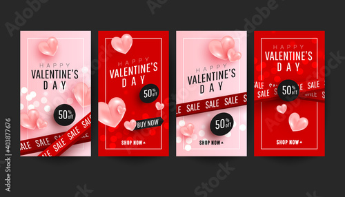 Happy Valentine's day story banner collection set with 3d pink hearts on pink red background. Valentine's day concept posters set. Promotion and shopping template