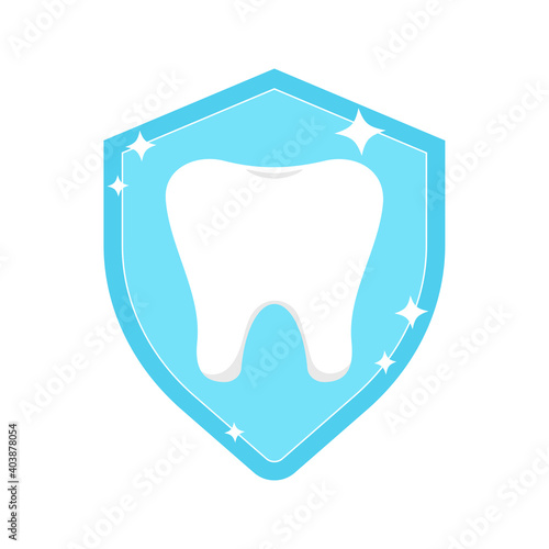 Tooth on shield protection logo icon isolated on white background. Teeth insurance dental logotype. Flat design vector illustration of shiny clean tooth on blue shield.
