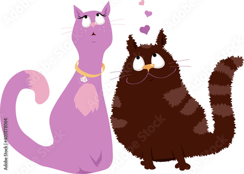 Funny cute cartoon cat couple in love with heart symbols, isolated on white, EPS 8 vector illustration