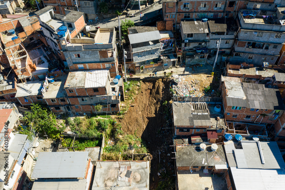 Fototapeta premium Aerial view of a favela in rio de janeiro, brazil. Slum.