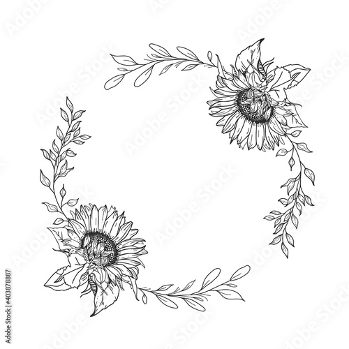 Sunflower wreath. Hand drawn illustration. Invitation graphic.