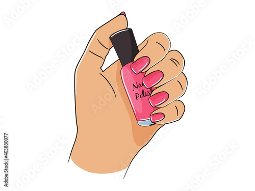 Woman hand holds a bottle of pink nail polish. Beauty concept. Vector illustration.