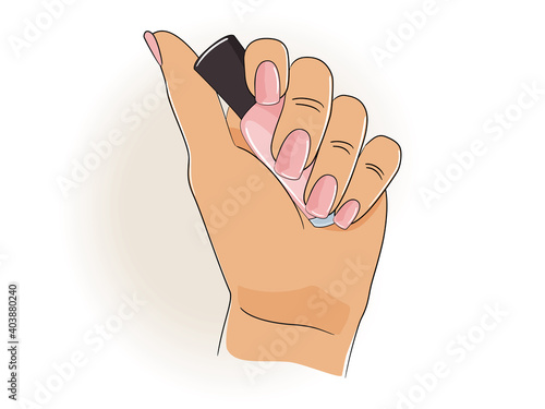 Woman hand holds a bottle of pink nail polish. Beauty concept. Vector illustration.