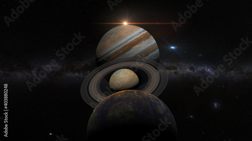 Canvas-taulu Planetary alignment,mercury meets saturn and jupiter in the evening sky, rare co