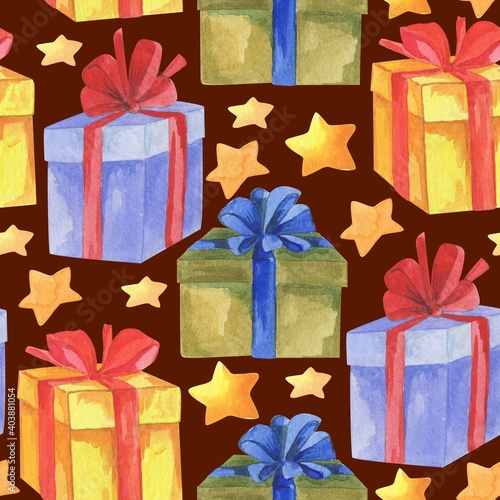 Seamless pattern, watercolor illustration, gift boxes, ornament for wallpaper and fabric