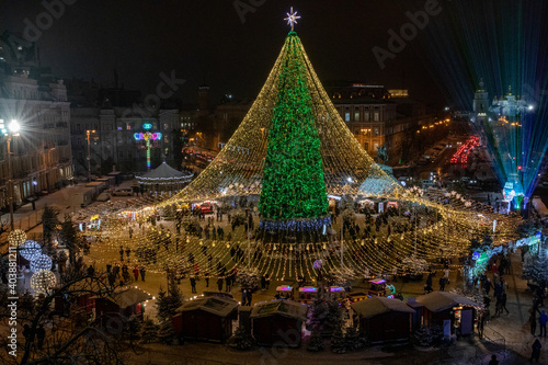 Kyiv, Ukraine - December 23rd, 2020: The main Christmas tree of Ukraine on St. Sophia Square on a snowy evening.