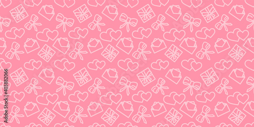 Valentines day pattern. Love holiday vector texture. Festive seamless pink background with valentine's day icons. Wrapping paper ornament. Hearts, gifts and bows in fabric repeatable design
