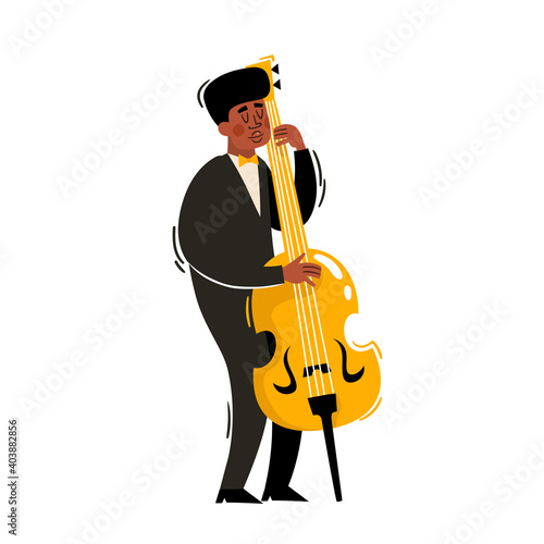 African male musician in black costume holding contrabass