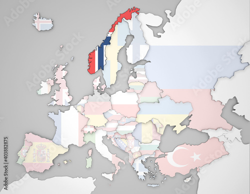 3D Europakarte auf der Norwegen hervorgehoben wird und die restlichen Flaggen transparent sind