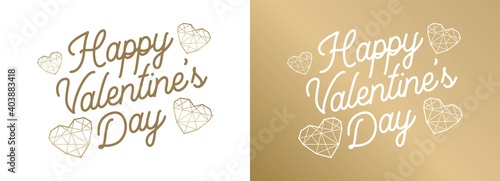 Happy valentines day love greeting card with heart shape design in gold low poly style and label decoration. EPS10 vector.