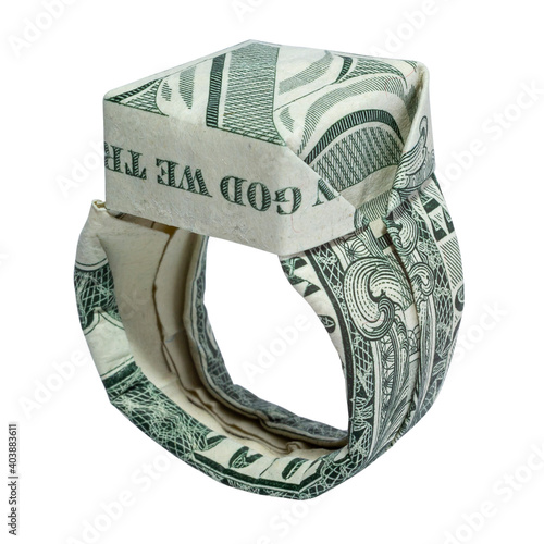 Money Origami Diamond RING Folded with Real One Dollar Bill Isolated on White Background photo