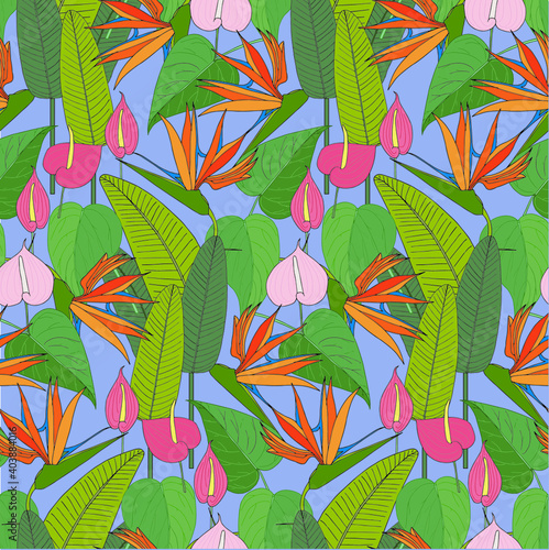 Tropical floral seamless pattern. Strelitzia orange flower anthurium red pink flower green leaves nature art design element for web, for print, for fabric print, for walpapper stock vector illustratio photo