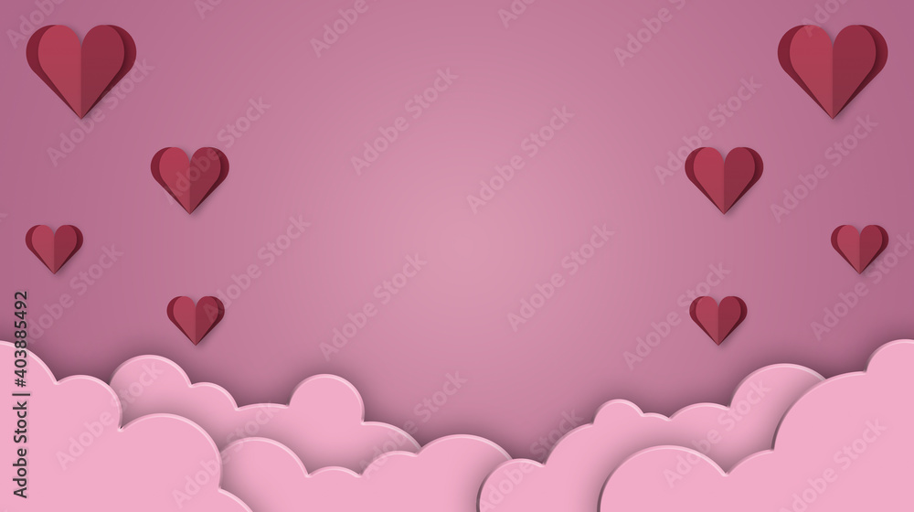Valentine's day background with red hearts papercut and clouds. Valentine's Day holiday. Day of Love. Concept for background on brochure, banner, poster. 3D rendering Valentine's day background with red hearts papercut and clouds. Valentine's Day holiday. Day of Love. Concept for background on brochure, banner, poster. 3D rendering