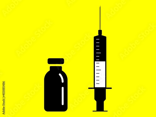 Anti coronavirus vaccine with syringe icon vector . Yellow injection vaccination with glass vial of drug immunization. Medical treatment with persistent immunity.