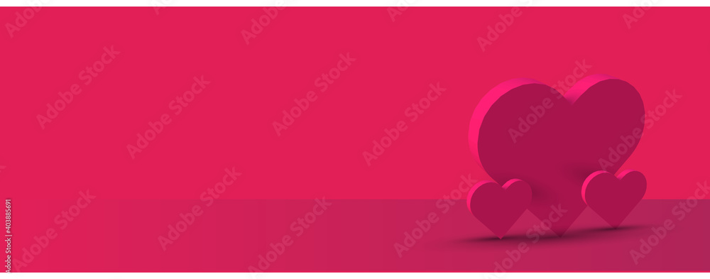 Valentine's day abstract banner with 3d hearts. Heart banner design in pink gradient color. 