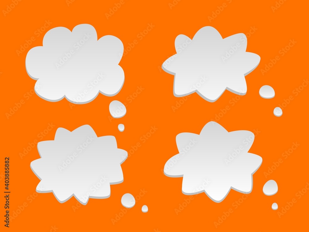 Speech cartoon clouds vector template. White bubble communication forms with empty banner space an orange surface. Social media and website labels. Speech cartoon clouds vector template. White bubble communication forms with empty banner space an orange surface. Social media and website labels.