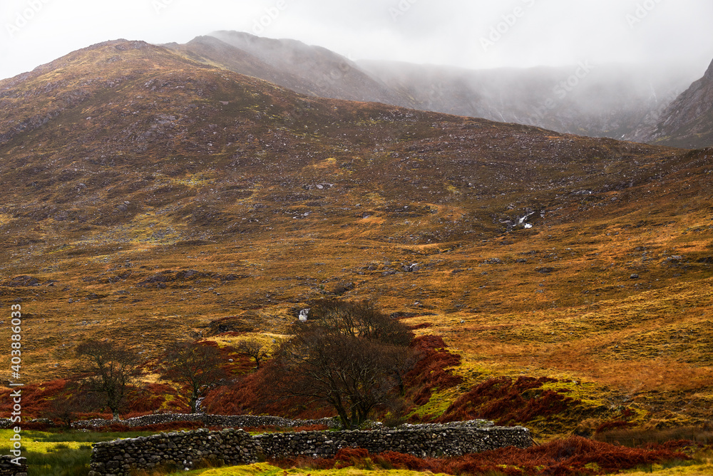 The misty Connemara Mountains in the fall in County Galway, Ireland