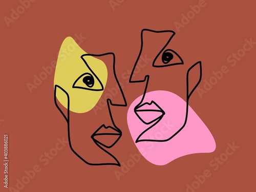 Abstract faces people drawn by one line communicate clipart. Men have pink sensual dialogue in orange space and yellow continuous vector style.
