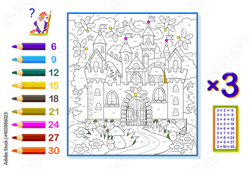 Multiplication table by 3 for kids. Math education. Coloring book. Solve examples and paint the picture. Logic puzzle game. Printable worksheet for children school textbook. Play online.