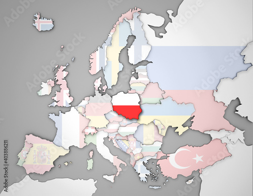 3D Europakarte auf der Polen hervorgehoben wird und die restlichen Flaggen transparent sind