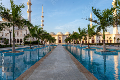 King Faisal Mosque with water walkway, Sharjah, UAE