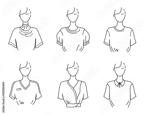 Womens white T-shirt, blouse, top, set of schematic vector illustrations. Sketch of clothes of different cuts, designs.