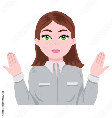 portrait of a girl in a gray shirt who shows hand gestures to attract attention, vector illustration, isolated character