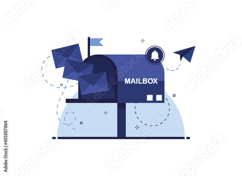 Mailbox with letters in an envelope. Receiving and sending newsletters. Mail delivery. Blue Post. Postal item to address. Flat design. Eps 10