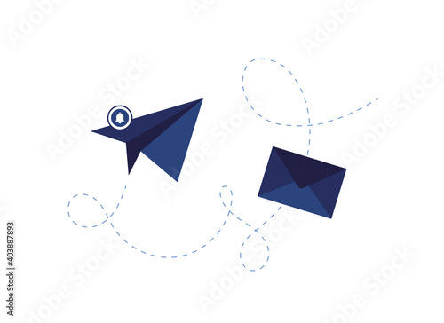 Origami paper airplane with sent message. Letter in an envelope. New email notification. One notice. Blue. Flat design. Eps 10