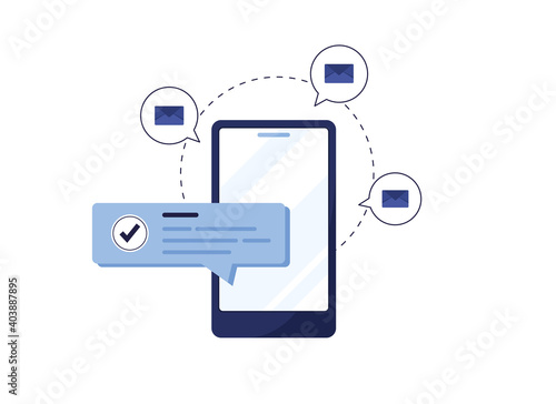 Vector illustration of email marketing and message concept. Letter in an envelope. Phone Newsletter. Chat via mobile. Flat design. Blue. Eps 10