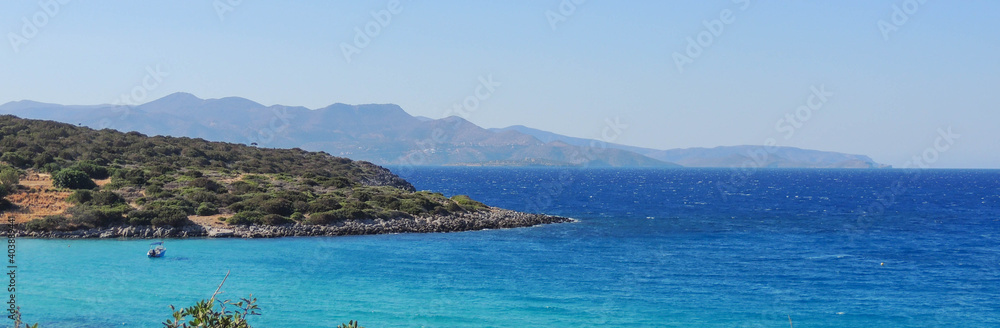 Blue lagoon, island paradise. Adriatic Sea of Crete, Greece, popular touristic destination banner