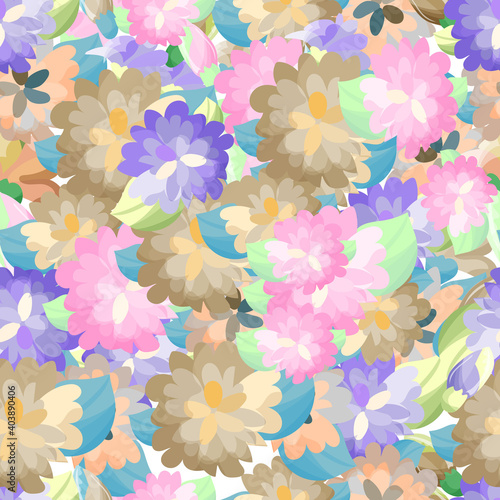 Childrens pattern flowers. Seamless floral dense pattern. Bright multi-colored flowers. Chrysanthemums are multi-colored. Delicate shades.
