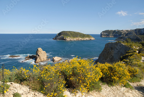 View to Portichol Island from Cap Prim on the Costa Blanca, Javea, Alicante Province, Spain
