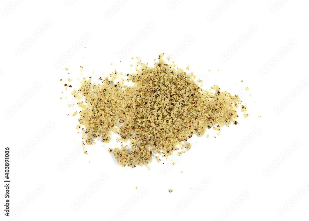 Ground walnuts powder on white. Chopped walnuts pile isolated on white background Ground walnuts powder on white. Chopped walnuts pile isolated on white background