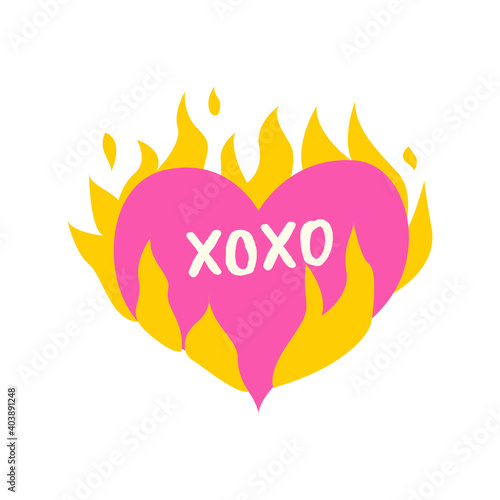 Heart in fire. Xoxo, hugs and kisses. Vector trendy hand drawn illustration. Heart burning in fire. For textile prints, posters, postcards.