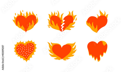 Set of hand drawn vector flaming hearts. Heart burning in fire. All elements are isolated.