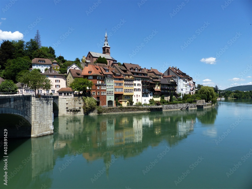 Panorama mit Häusern, Brücke und Rhein in Laufenburg am Hochrhein Panorama mit Häusern, Brücke und Rhein in Laufenburg am Hochrhein