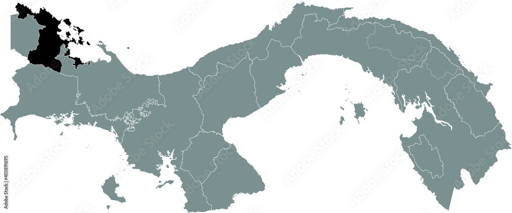 Black location map of the Panamanian Bocas del Toro province inside gray map of Panama