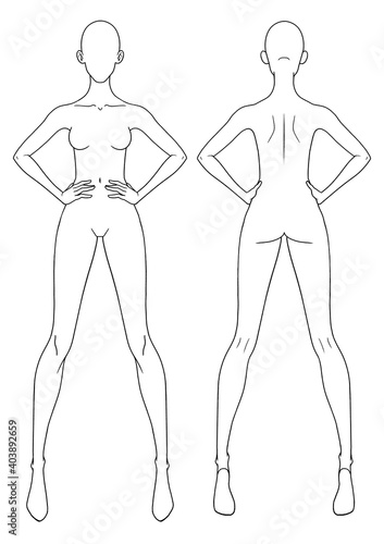 Woman fashion template - front and back view - linear drawing