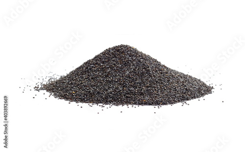 Poppy seeds isolated on white background. Heap of dry poppy seeds