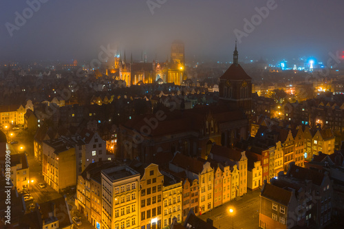 Aerial view of the old town in Gdansk city at winter dusk, Poland