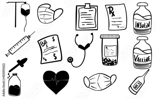 medical icons set, hand drawn vector illustration 