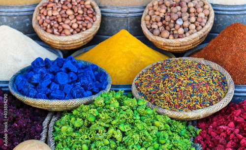 Colourful herbs and spices on Morrocan traditional market