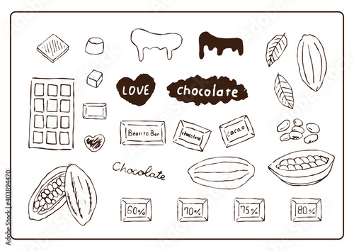 カカオ豆とチョコレートのシンプルな手描き線画イラスト