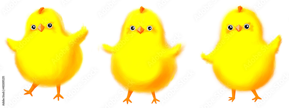 Little cute yellow chicks for Easter isolated on white background. Cartoon illustration
