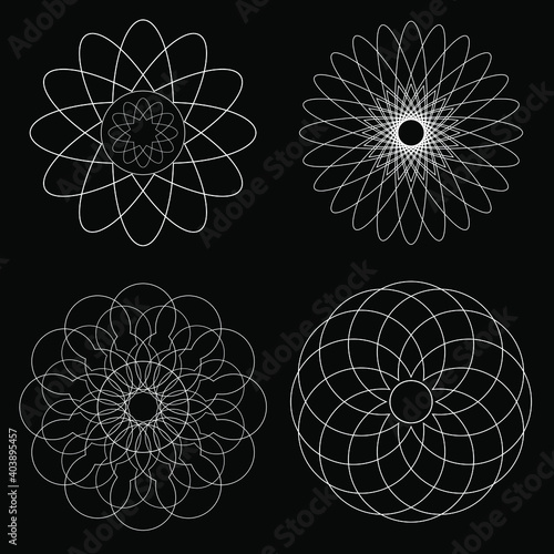 Set of white round ornaments over black background. Geometric art. Design element for frame, logo, blackout tattoo, sign, symbol, web pages, prints, posters, template, pattern and abstract background