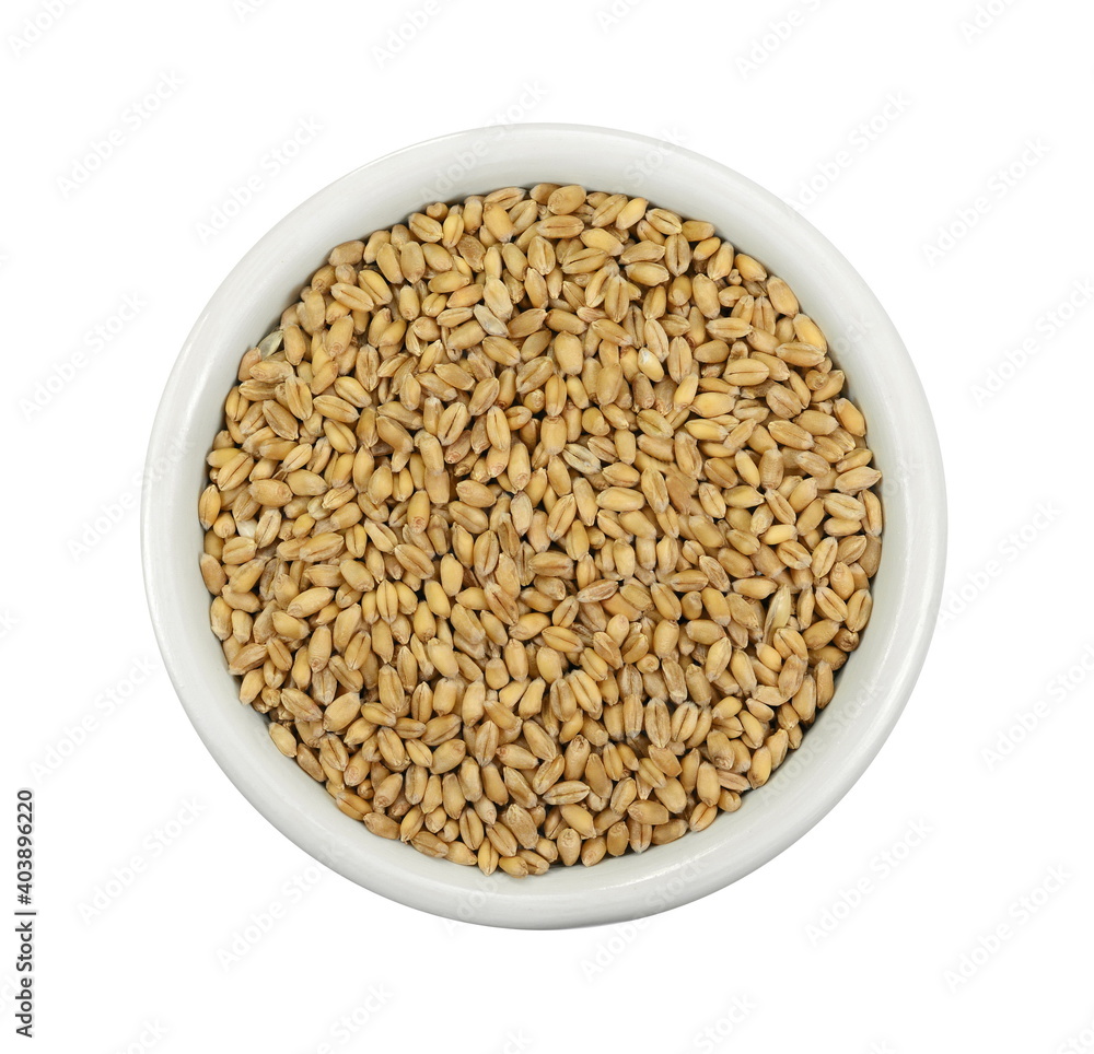 wheat grains in white bowl isolated on white background. wheat grains in white bowl isolated on white background.