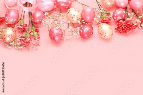 Happy Easter concept, spring greeting card, background. Decorated pink Easter eggs on a gentle background. Minimal holiday concept, place for text, banner for screen